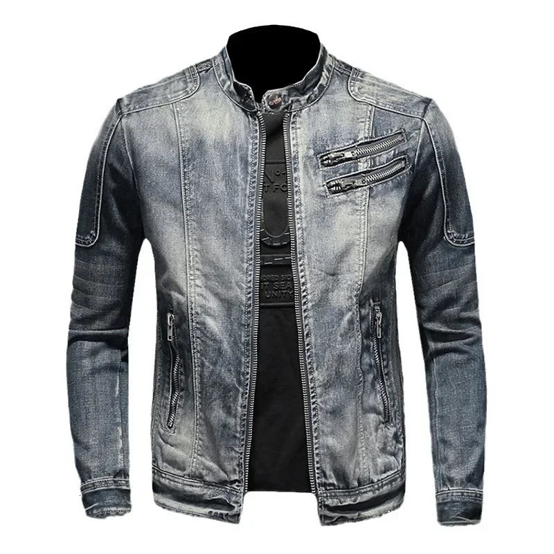 Vintage Plussize Denim Jackets Men Casual Stand Collar Moto Biker Outerwear Coats Mens Fashion Zippers Motorcycle Streetwear 250207