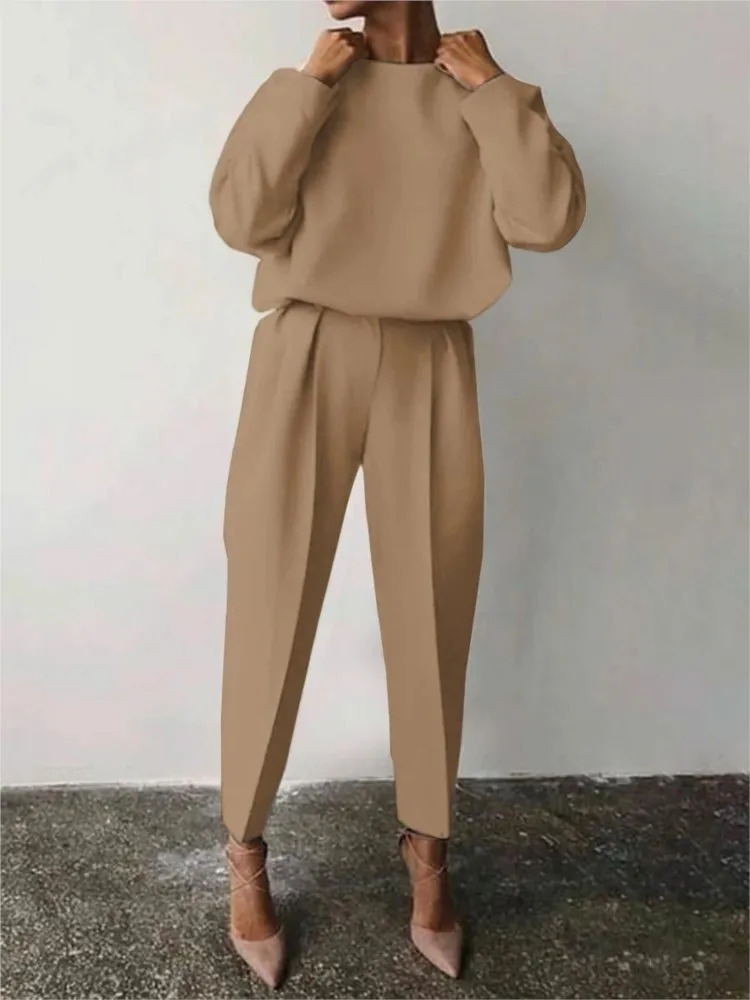 Womens Elegant Solid Color Two Piece Sets Casual O Neck Pullover Full Sleeve Tops Pants Suit 2 Set Woman Fashion Outfits 250206