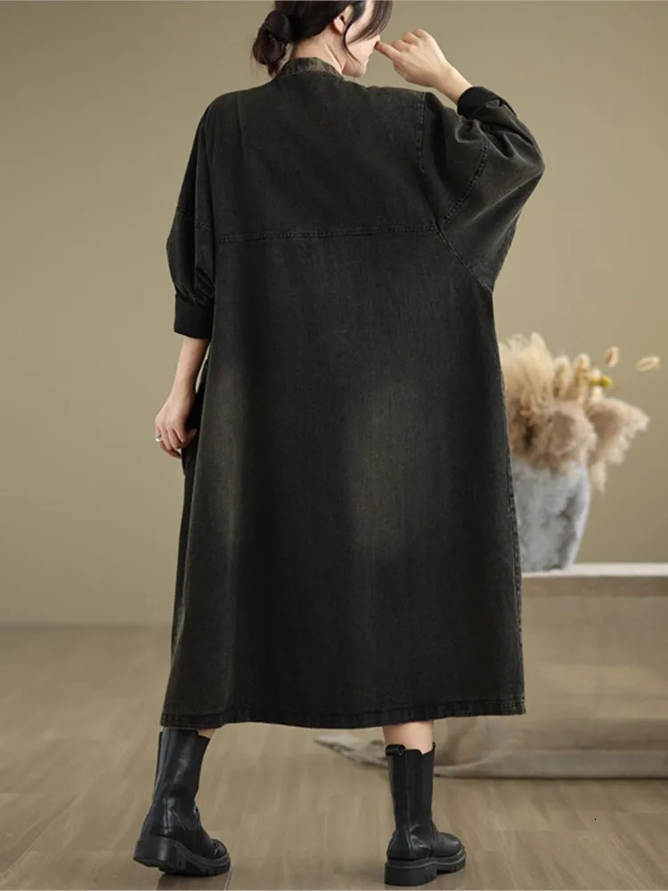 Denim ultrafine autumn Midi coat womens printed patch work fashionable retro Vneck jacket loose pleated long sleeved 250208Z