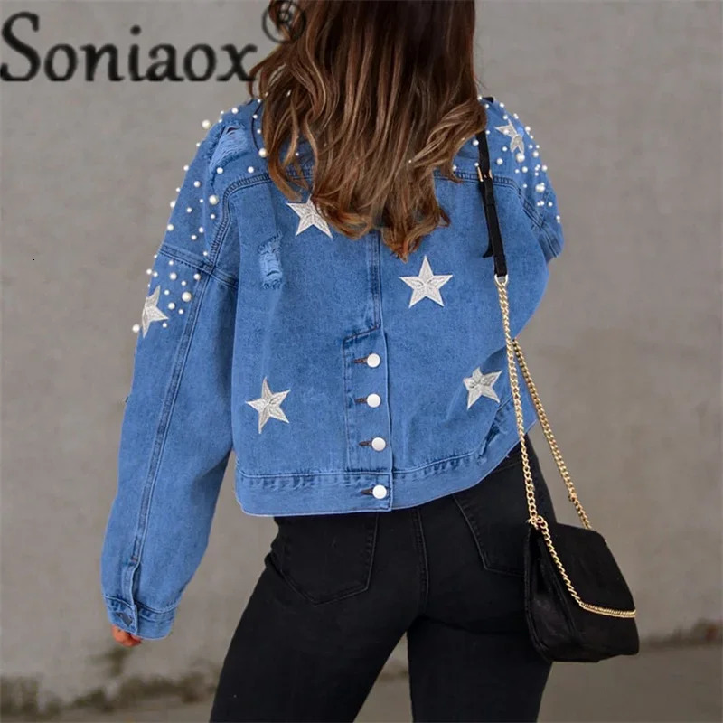 Fashion Bead Button Splicing Split Back Hem Denim Jackets Women Autumn Winter Single-breasted Cardigan Coat Casual Outerwear 250122