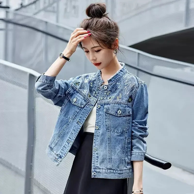 Spring Autumn Diamonds Denim Jacket for Women Crop Woman Jean Coat Short with Rhinestones Outerwear Patchwork Small Sequin Deals 250122