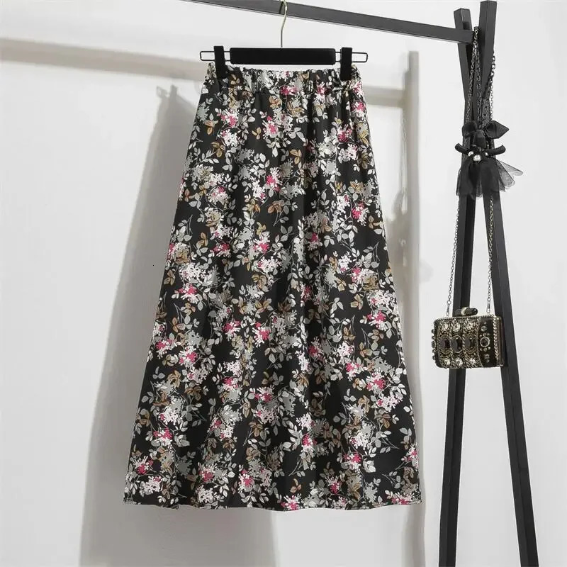 Spring Summer Chiffon Women skirts Casual Floral Printed Woman Long Elastic Waist Female Loose extended Skirt 250208Z