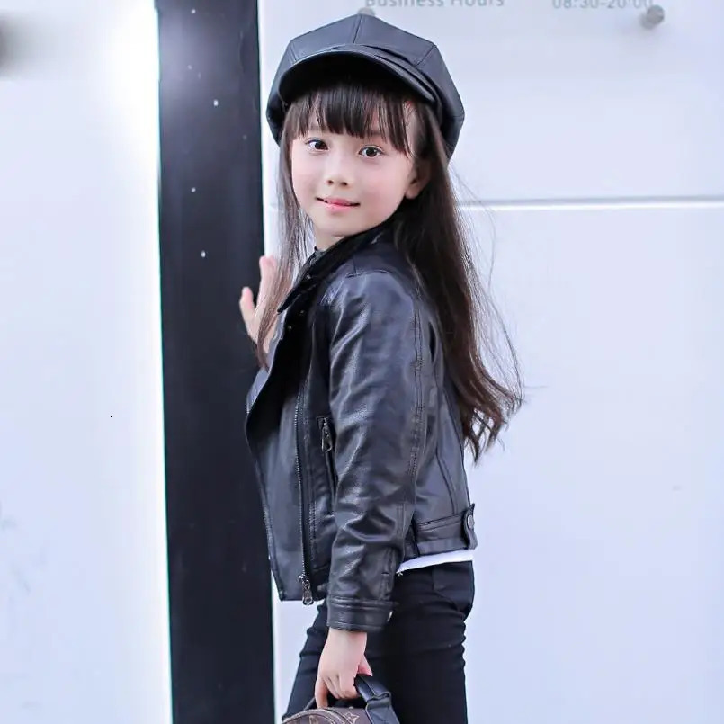 Autumn Winter Baby Girls Solid color lapel PU leather Kids Fashion Leather Jackets Children Outerwear Clothes 3-12Y 250113