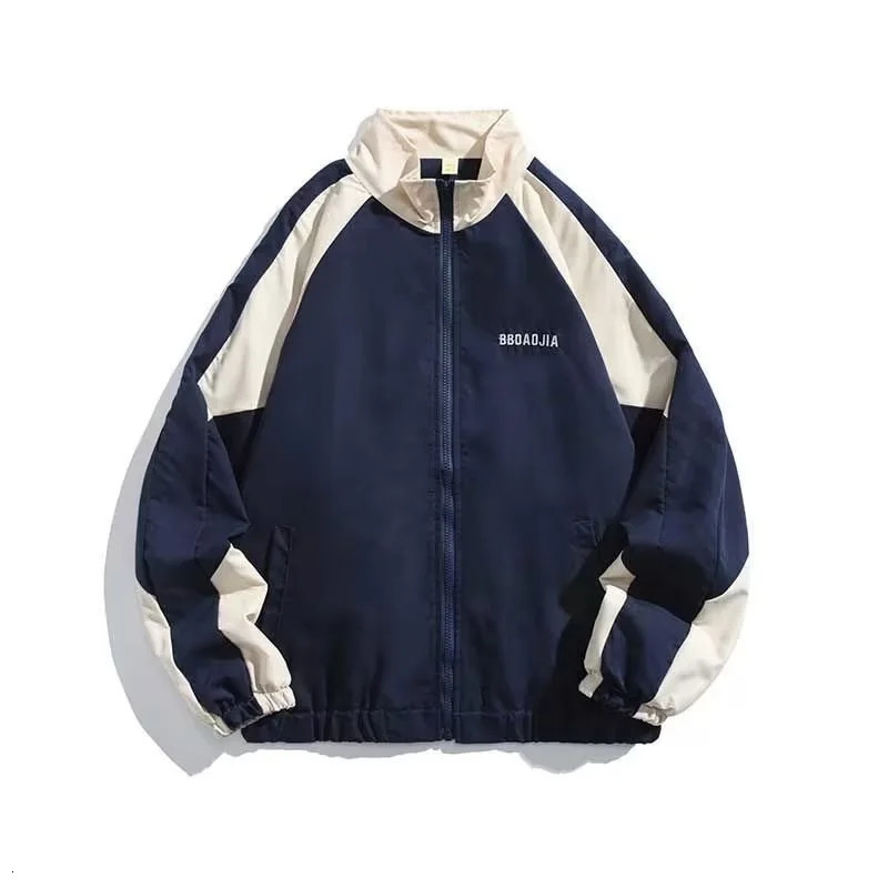 Japanese Vintage Color Contrast Splicing Stand Collar Jacket Men Y2k Spring Autumn Fashion Trend Loose Preppy Couple Casual Coat 250208Z