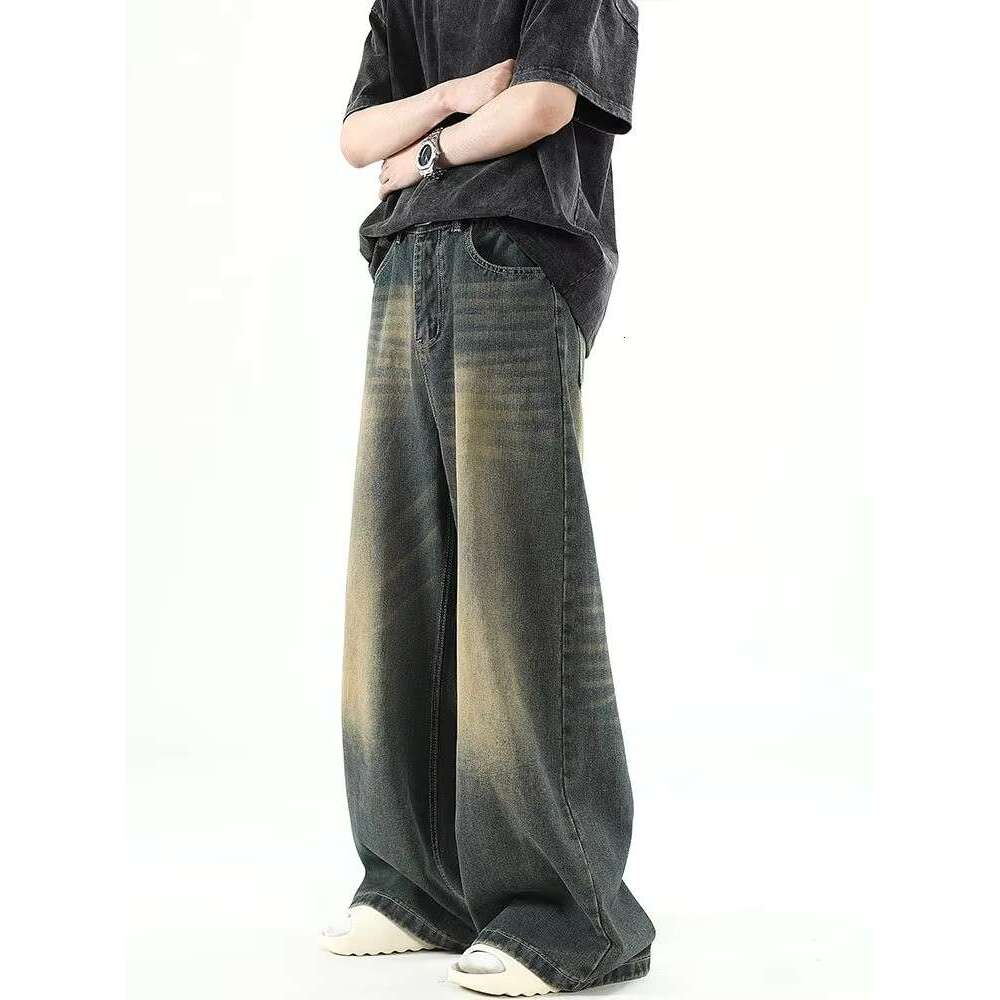 American gradient straight leg trendy jeans for men and women summer high street retro hip-hop personalized loose casual pants