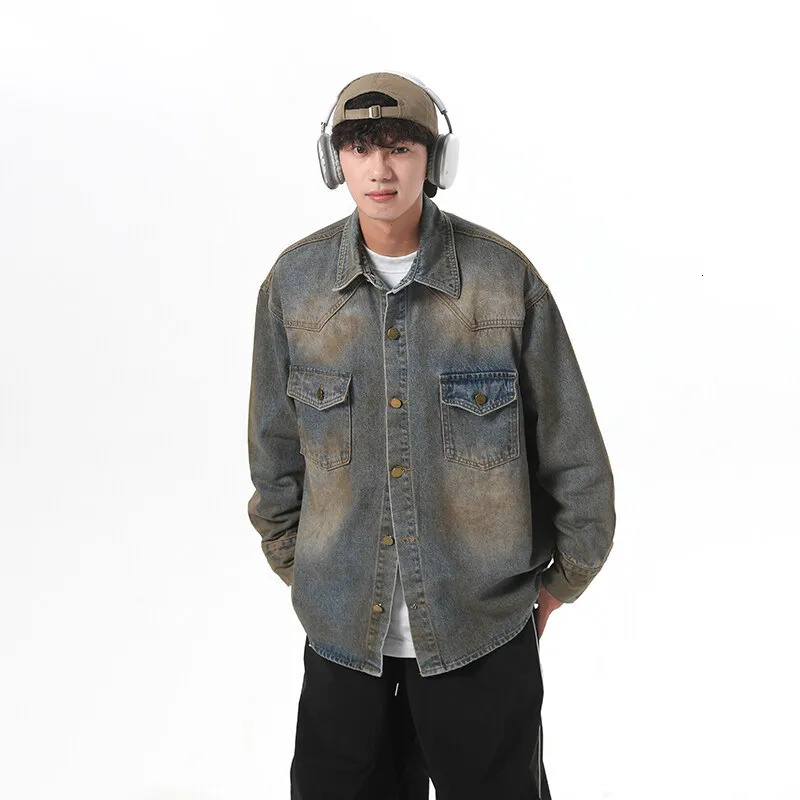 GIOIO mens denim jacket American high street lapel casual top fashionable allmatch shirt 250207