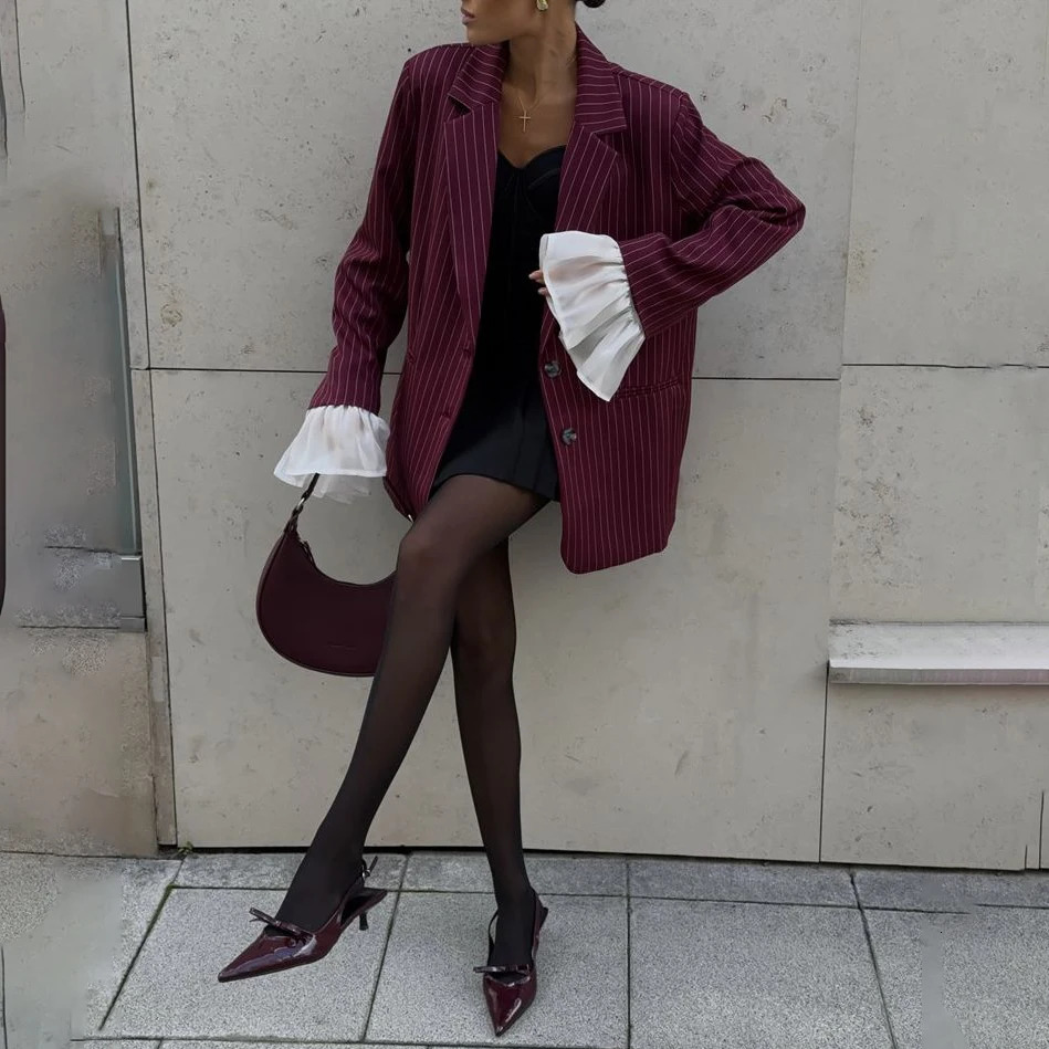 Winter Loose Burgundy Blazer Women Clothing Long Sleeve Striped Blazers Elegant Women Coat Causal Outerwears 250207