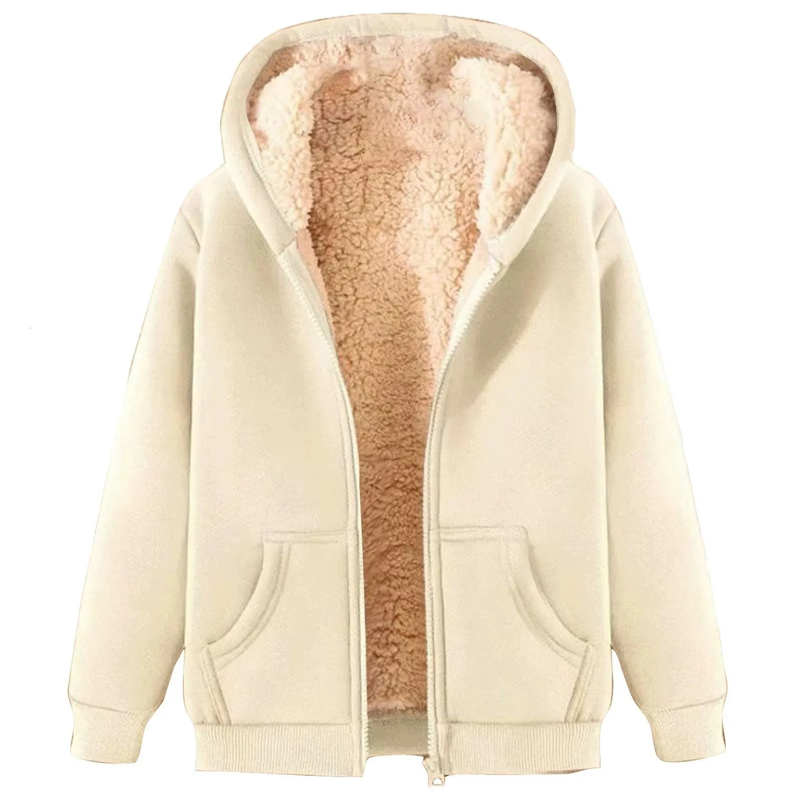 Women Autumn Winter Warm Zip Up Hoodies Casual Plush Oversized Hoodie Solid Color Fluffy Zipper Sweatshirt Blouse 250208Z