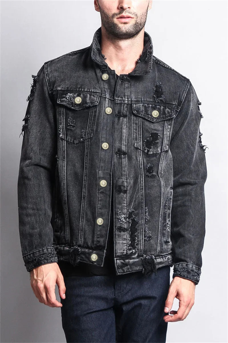 Fashion Trend Mens Broken Holes Denim Jacket Street Casual Male Youth Singlebreasted Splicing Pocket Long Sleeve Slim Fit Coat 250207