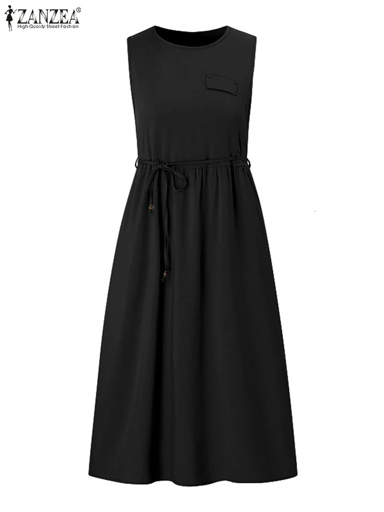 ZANZEA 2024 Summer Dres Casual Sleeveless Solid Midi Sundress Fashion Loose Holiday Beach Dresses Sarafans Dress Femme 250207