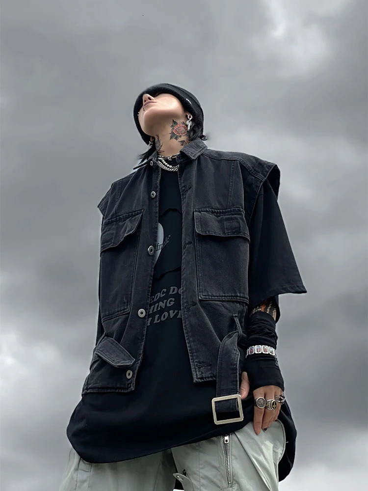 EDDACHIC Function Pockets Cargo Sleeveless Denim Jacket Men Retro Black Wash Fall Layering Vest Casual Grunge Y2k Streetwear 250207