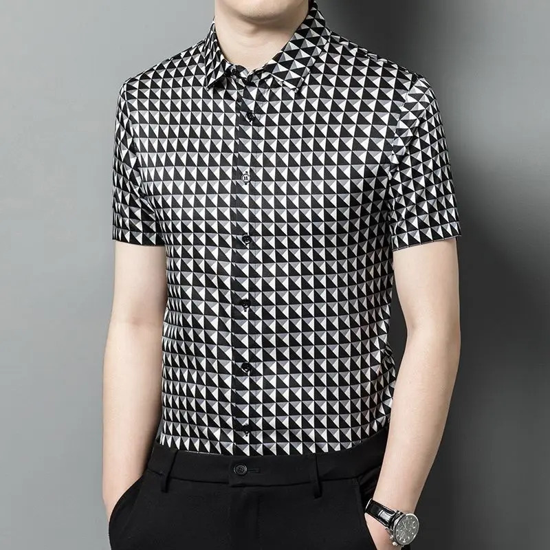 Business Turndown Collar Contrast Color Summer Short Sleeve Plaid Button Cardigan Shirt Casual Formal Mens Clothing Tops 250207