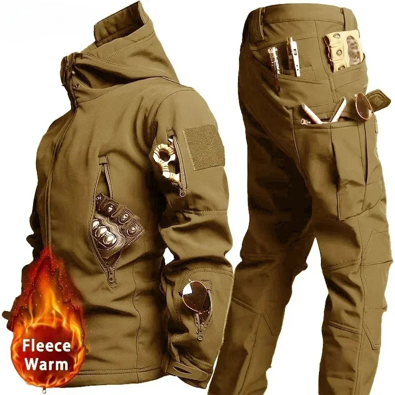 Tactical Waterproof Men Camo Set Soft Shell Fleece Winter Combat Suit Windbreak Warm Multi Pocket Outdoors Training Uniform 250207