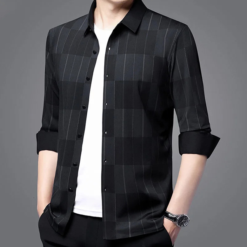 Mens Business Office Plaid Printed PoloNeck Shirt 2023 Fashion Male Clothes Long Sleeve Trend Casual Singlebreasted Shirts 250207