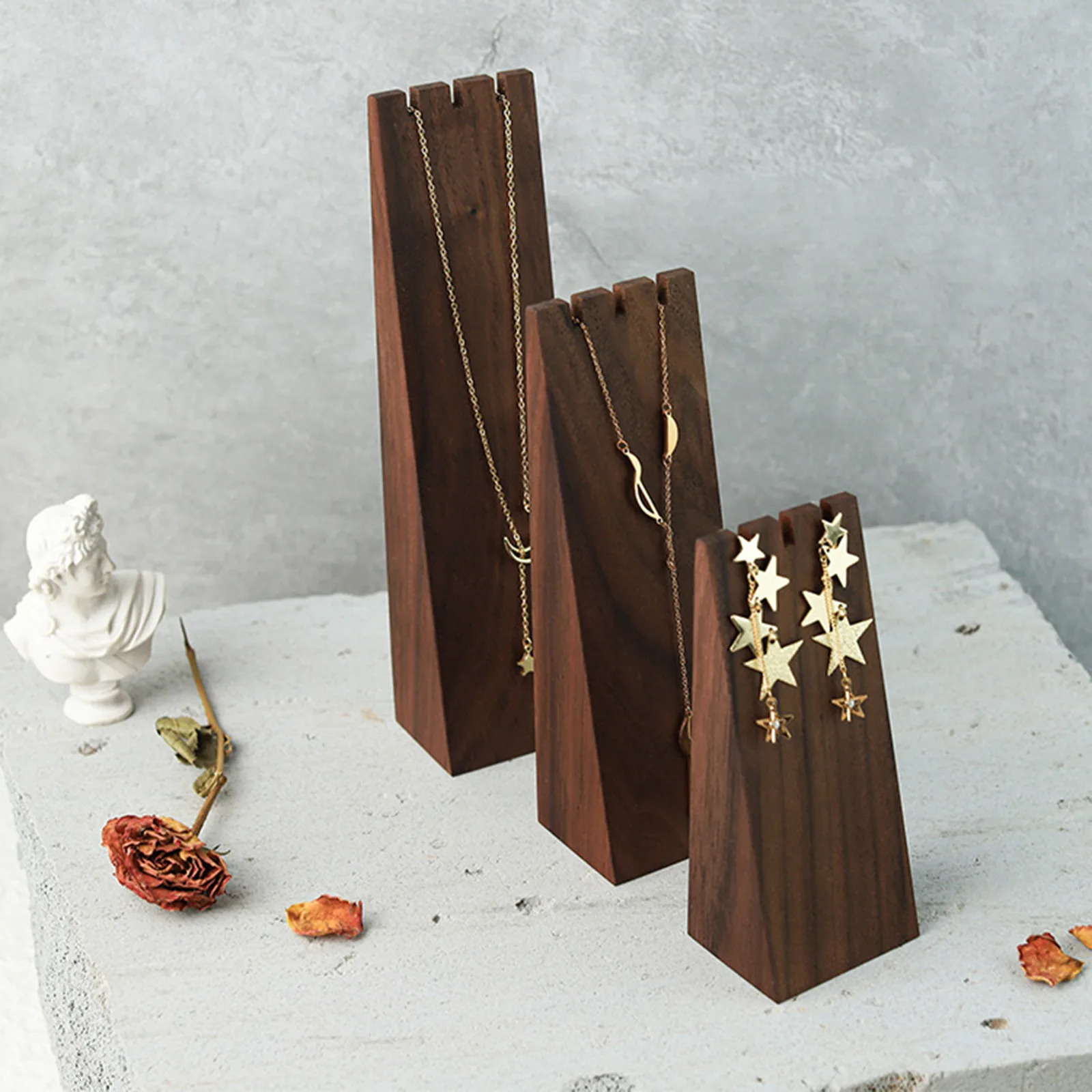 Dark Brown High-end Black Walnut Wood Necklace Bracelet Earring Display Stand Storage Po Props Jewelry Display Stand 1Pc 250221