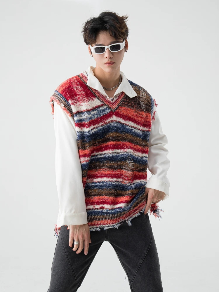 Sweater Vest Men Colorful Hole Raw Edge American Style High Street Males Striped Knitwear Allmatch Fashion Sleeveless Autumn 250110