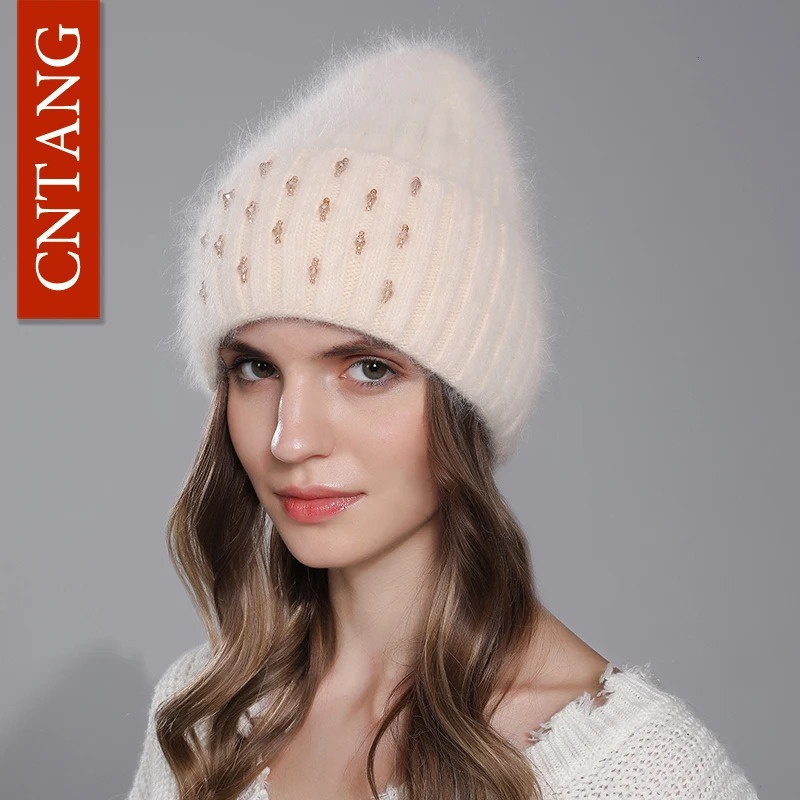CNTANG Winter Hat For Women Warm Knitted Angora Rabbit Fur Beanies Fashion With Bead Hats Female High Quality Casual Cap 250207