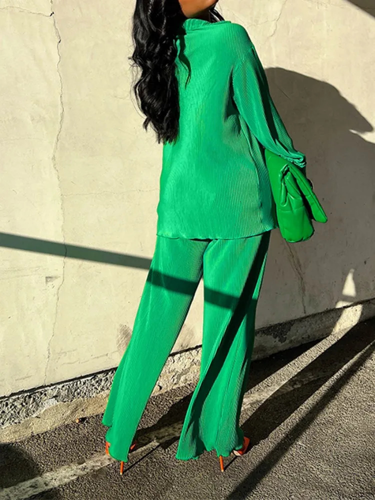 QFAF Fashion Pleated Womens Set Long Sleeve Oversized Shirt and Wide Leg Pants Elegant Tracksuit Two 2 Piece Set Outfits 250207