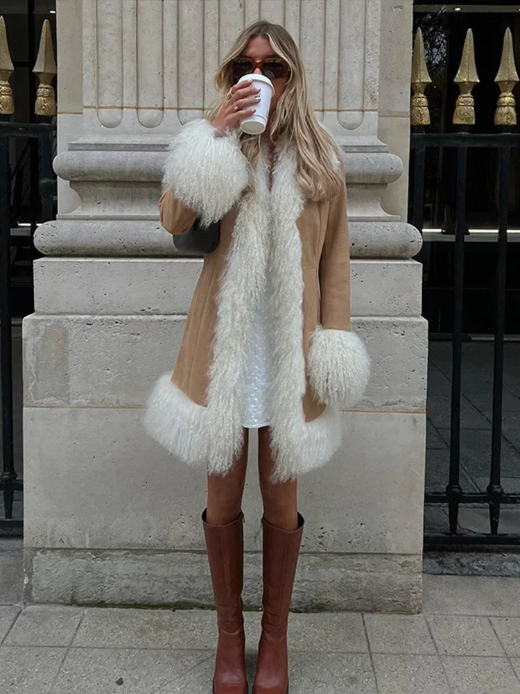 Fur Collar Thick Coat Leather Beach Wool MidLength Coats Thicken Velvet Cotton Overcoat Cardigan Padded Outwear Winter 250109Z