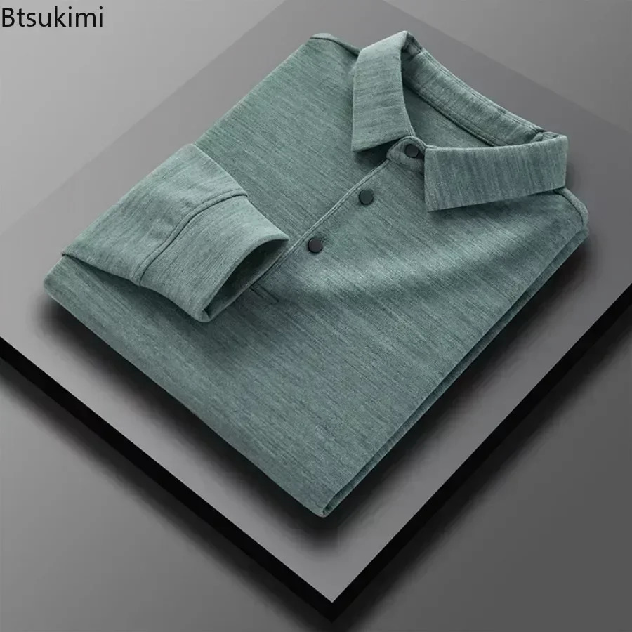 2025 Mens Casual Warm Shirts Tops Solid Autumn Winter Thick Long Sleeve Polo Male TShirt Business Formal Basic 250207