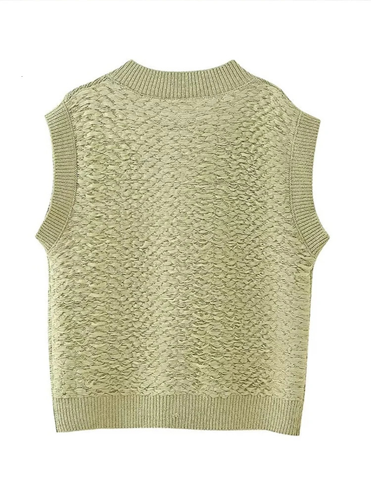 Knitted Green Singlebreasted Sweater Vests for Women Fashion Sleeveless ONeck Knitwear Autumn Lady Allmatching Cardigan 250207