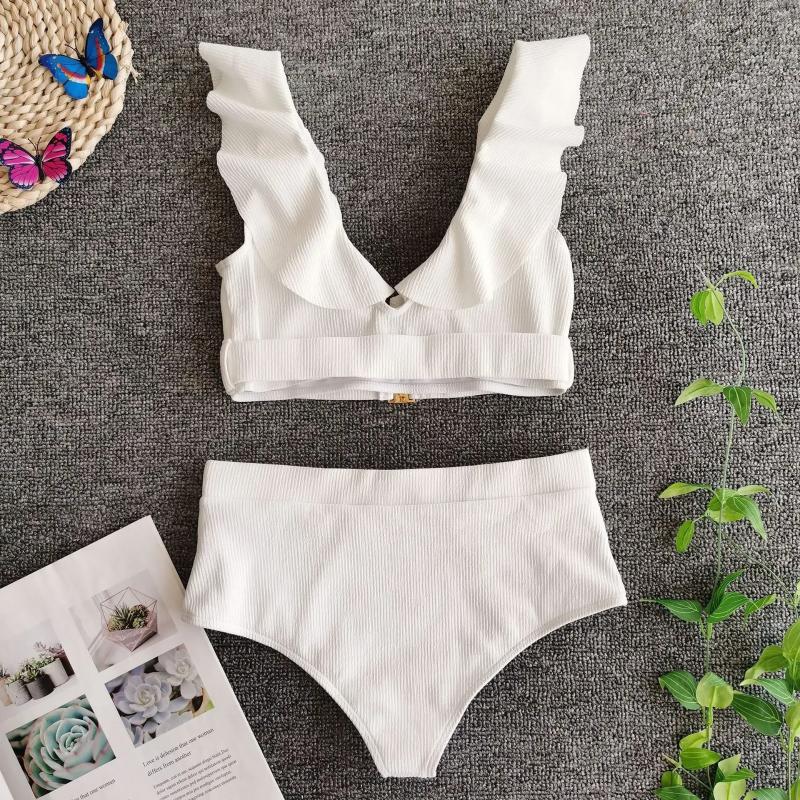 Womens Swimwear Bikini 2025 Sexy Swimsuit Women Ruffle V-neck Metal Buckle High Waist White Beach Bikinis Set Bathing Suit Push Up