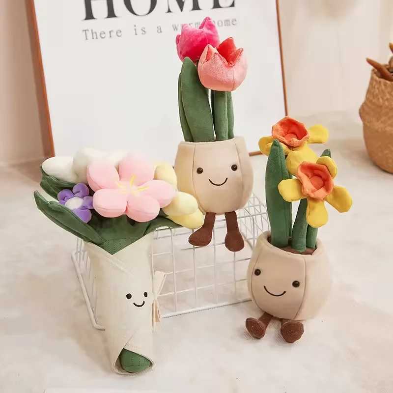 Valentines Day Plush Rose Flower Stuffed Bouquet Blossom Narcissus Tulip Succulent Potted Creative Room Decor Girl Friend Gift Free shipping