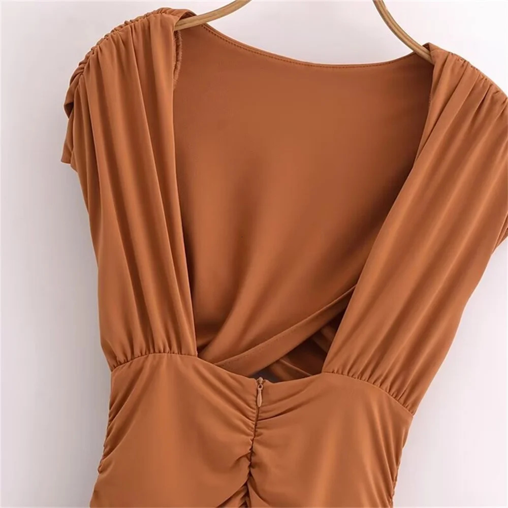 TRAF Autumn product womens warm simple open n pleated short sleeved slim fit backless long skirt Midi dress 250207