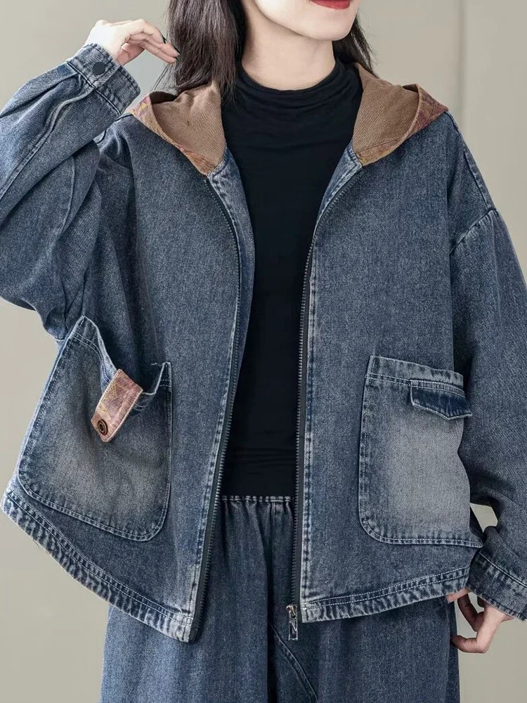Fall Korean Females Fashion Clothes Womens Hooded Denim Jackets Loose Vintage Coats Ladies Casual Classic Outerwear 250122
