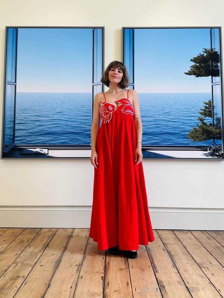 Summer 2024 Lady Party Strtwear Red Fish Top Maxi Dress For Women Sexy Sling Sveless Backless Femlae Robe Strt Dresses W250208