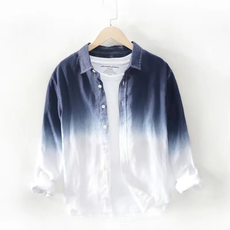 Mens Summer Shirt Long Sleeve Hawaiian Blouse Hawaiian Cool Thin Breathable Lapel Collar Hanging Dyed Gradient Cotton Shirt 250207