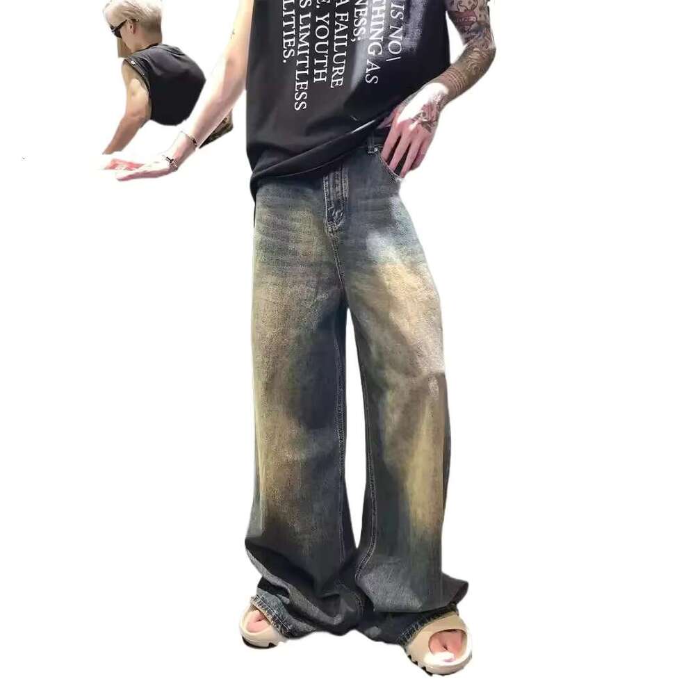 Vintage American Style Men's Jeans Loose-Fit Wide-Leg Gradient Trendy Brand High Street Punk Long Pants For Autumn/Winter
