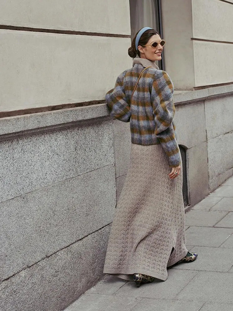 Elegant Plaid Print Puff Sleeve Coats For Women Fashion Single Breasted Round Neck Thin Tops 2025 Spring Lady Streetwear 250208Z