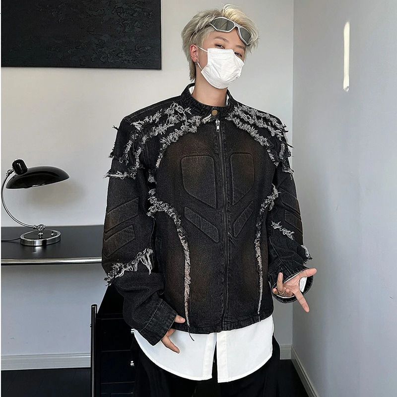 LUZHEN American Tassel Burr Shoulder Pad Motorcycle Jacket Wornout Personalized High Street Short Denim Top Men LZ8149 250207