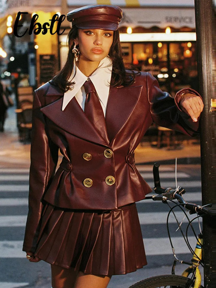 Double Breasted Leather Jacket Skirts Set Women Wine Red Lapel Slim Coat Pleated Mini Skirt 2024 Autumn Lady Chic Outfits 250109