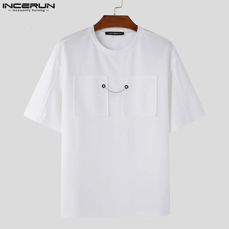 INCERUN Tops Fashion Mens Metal Buckle Texture Camiseta Streetwear Mens Solid Comfort Mid Sleeve T-shirt S-5XL 250207