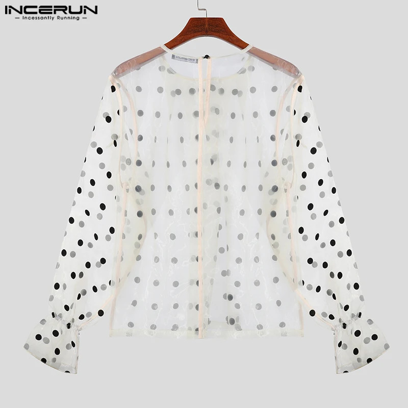 Fashion Casual Style Tops INCERUN Mens High Neck Polka Dot Perspective Shirts Clubwear Thin Puff Long Sleeved Blouse S-5XL 250207