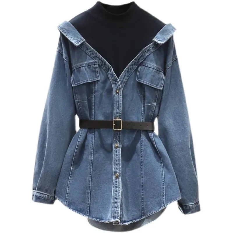Womens Denim Jacket 2024 Spring Autumn Two Pieces Appear Thin Ladies Temperament Long Sleeve Female Cowboy Coat 250113