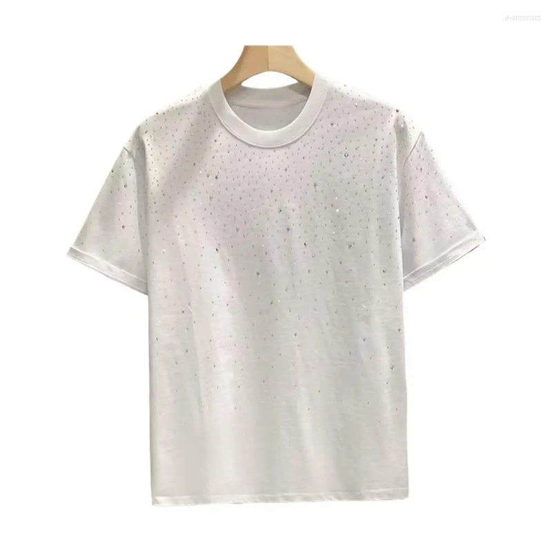 Men's T Shirts Summer Couple T-shirt Rhinestone Decor Round Neck Short Sleeves Men Top Loose Pullover Solid Color Mid Length Unisex Shirt