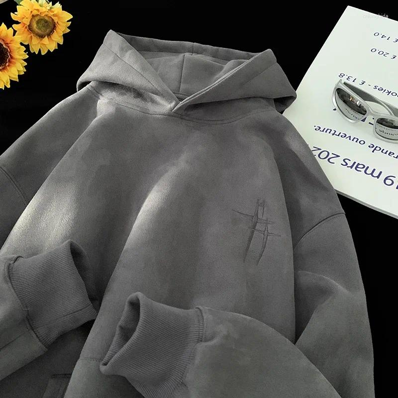 Mens Hoodies 2025 Streetwear Vintage Embroidered Suede Hooded Sweatshirt High Quality Hoodie Fashion Hip Hop Unisex Pullover Clothe