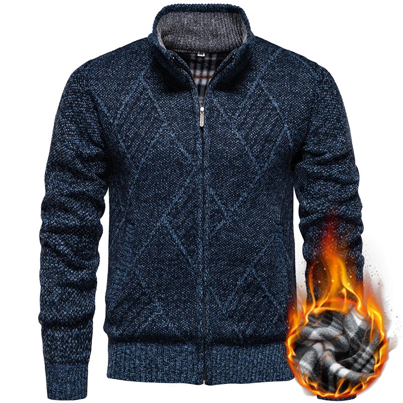 Mens Knitted Sweater Autumn Winter Warm Thick Cardigan Fashion Casual Parka Coat Plaid Stand Up Collar Men Clothing 250207