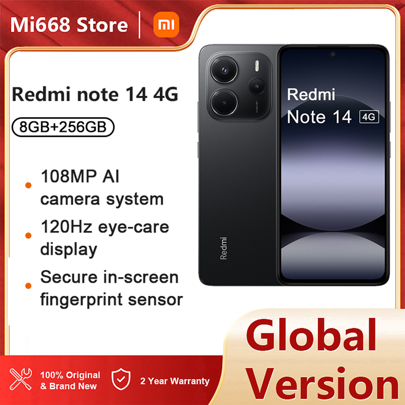 Global Version Xiaomi Redmi Note 14,8GB+256GB,108MP AI camera system with OIS,6.67" AMOLED display,45W turbo charging with 5110mAh battery,IP64(C