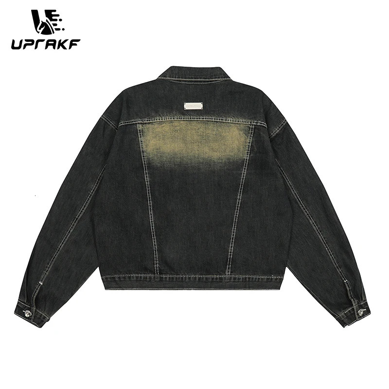 UPRAKF Streetwear Washed Lapel Denim Jacket Men Vintage Fashion High Street Long Sleeve Coat Y2K Casual Tops Loose 250207