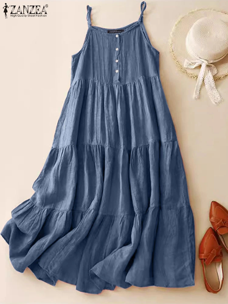 Summer Women Spaghetti Strap Holiday Midi Dress 2024 ZANZEA Stylish Solid Ruffles Sundress Elegant Casual Aline Party Vestidos 250207