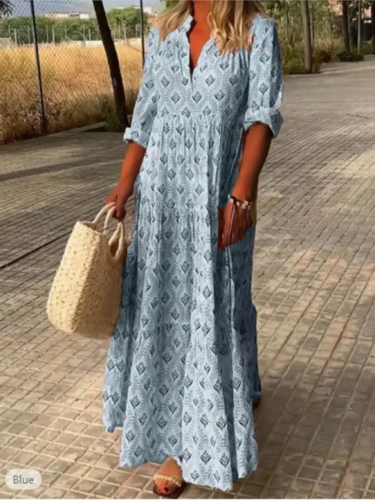 Women Fashion Boho Print Long Dress Autumn Long Sleeve V Neck Vintage Dresses Casual Loose Holiday Comfortable Dress Robe Femme 250208