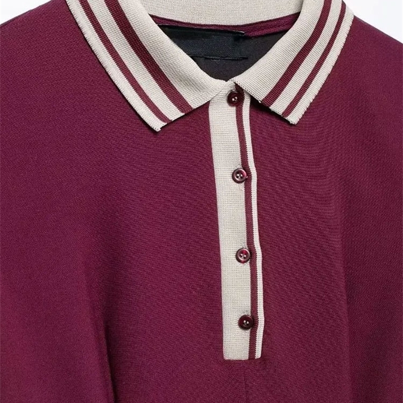 TRAFWomens Contrast Ribbed Pleated Knit Mini Dress Polo Collar Short Sleeves Female Dresses Chic Fashion y250206