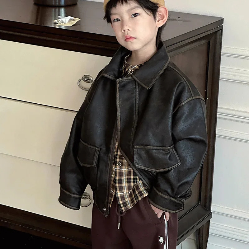 Vintage Leather for Kids Boys Coat Autumn Winter Street Handsome Warm Kids Leather Jacket Fashion Waterproof Children Outwear 250113