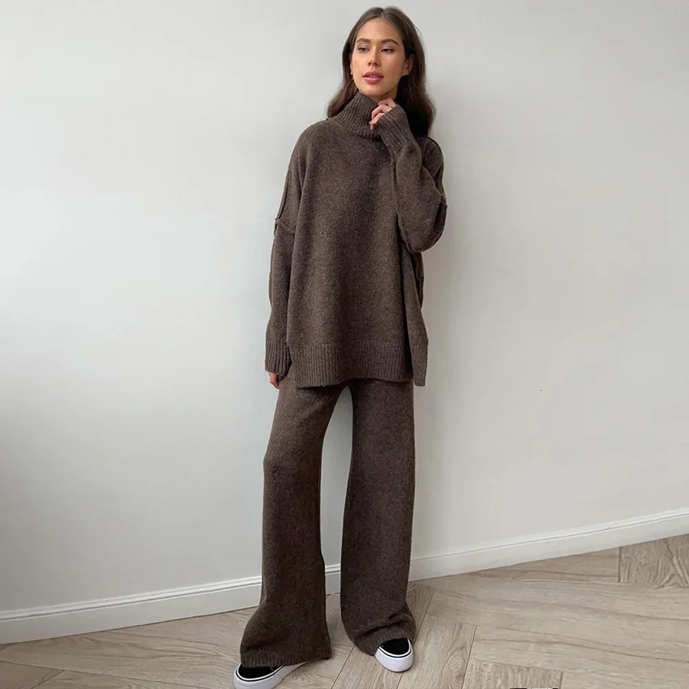 turtleneck sweater set womens European American autumn and winter loose casual lazy thickened knitted trousers set 250207
