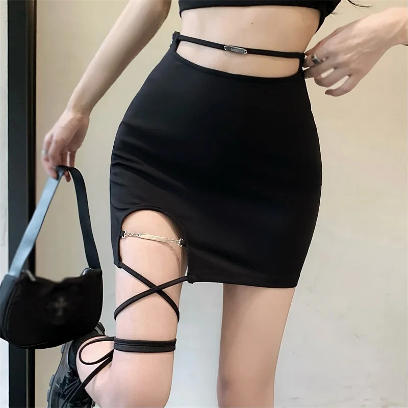Womens Asymmetrical Skirt Black High Waist Gothic Punk Dance Mini Short Skirts Bodycon Clubwear 250208Z