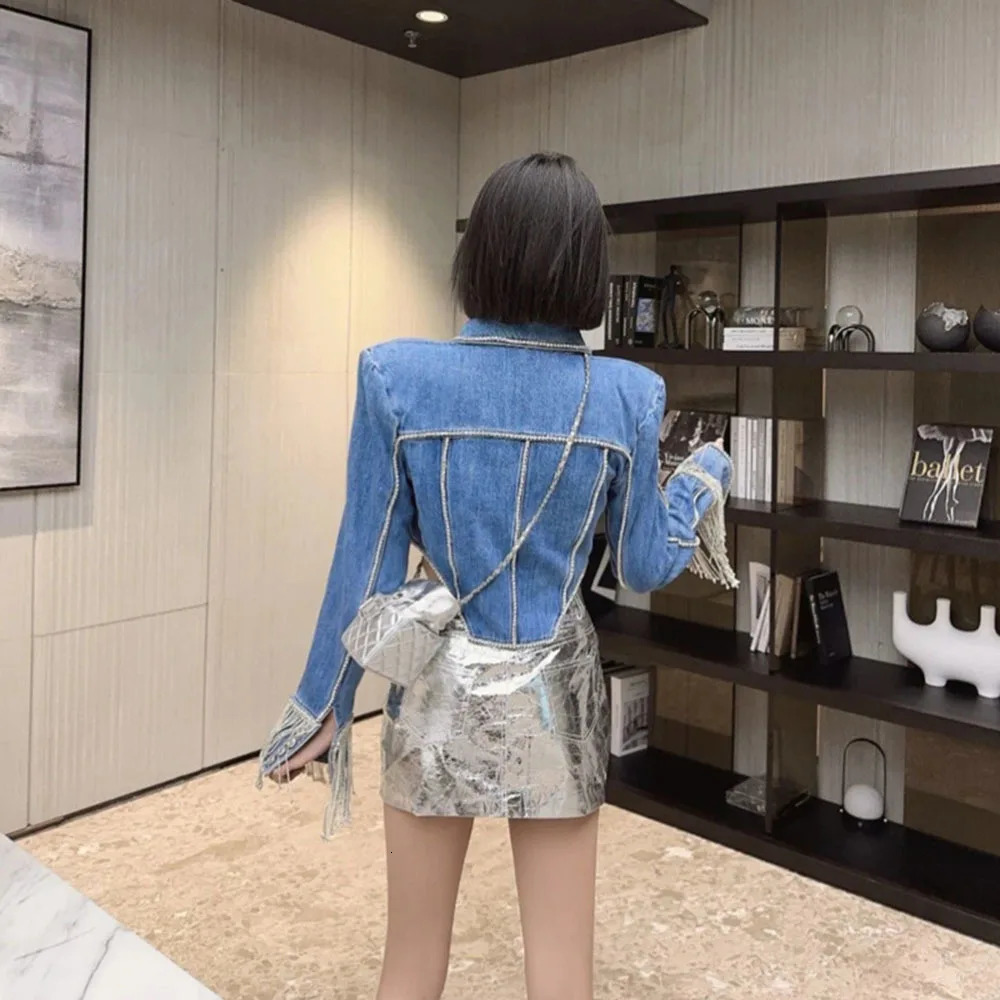 Autumn Clothes Diamond Chain Tassel Denim Jacket Women Irregular Slim-Fit Heavy Handmade Jean Jacket Casacos Feminino 250122
